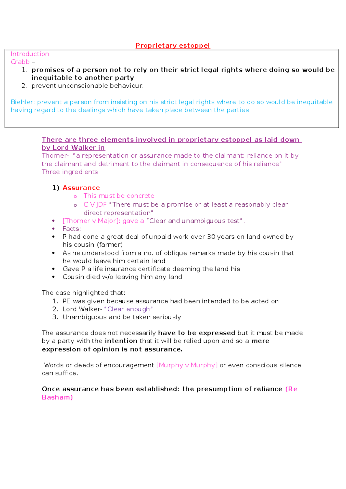 PE - Proprietary Estoppel Notes: Key Principles and Case Analysis - Studocu