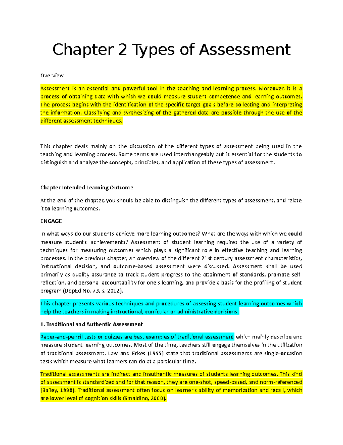 AIL 2 Chapter 2: Exploring the Types of Assessment in Education - Studocu