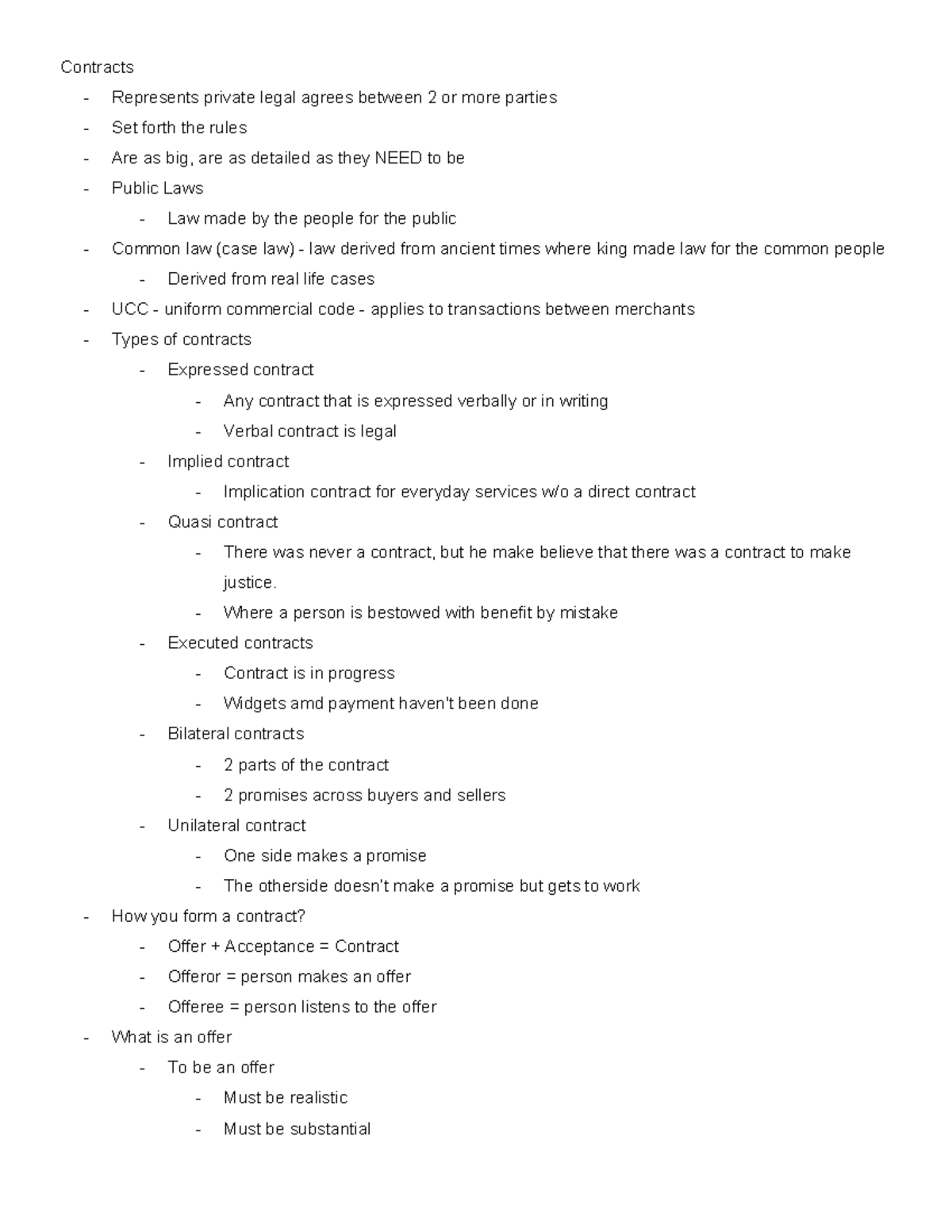 Contracts Review for Law 101: Key Concepts and Principles - Studocu