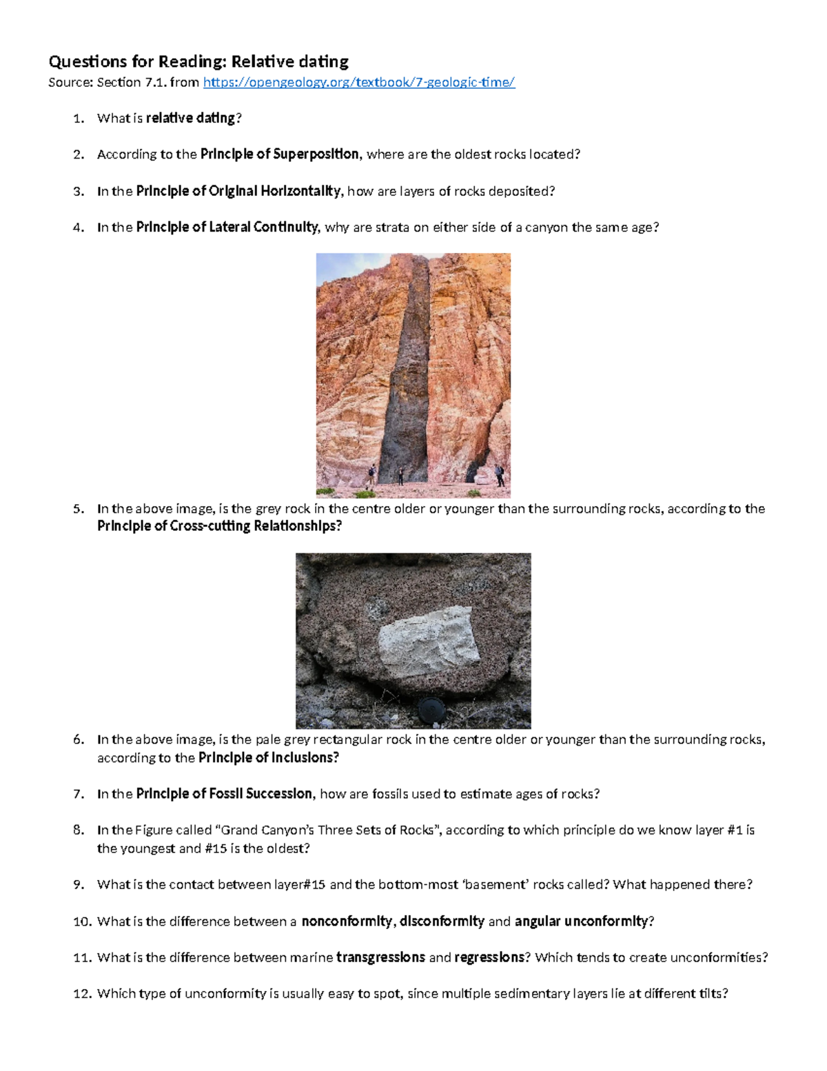 Questions for Reading-Relative Dating - Questions for Reading: Relative ...