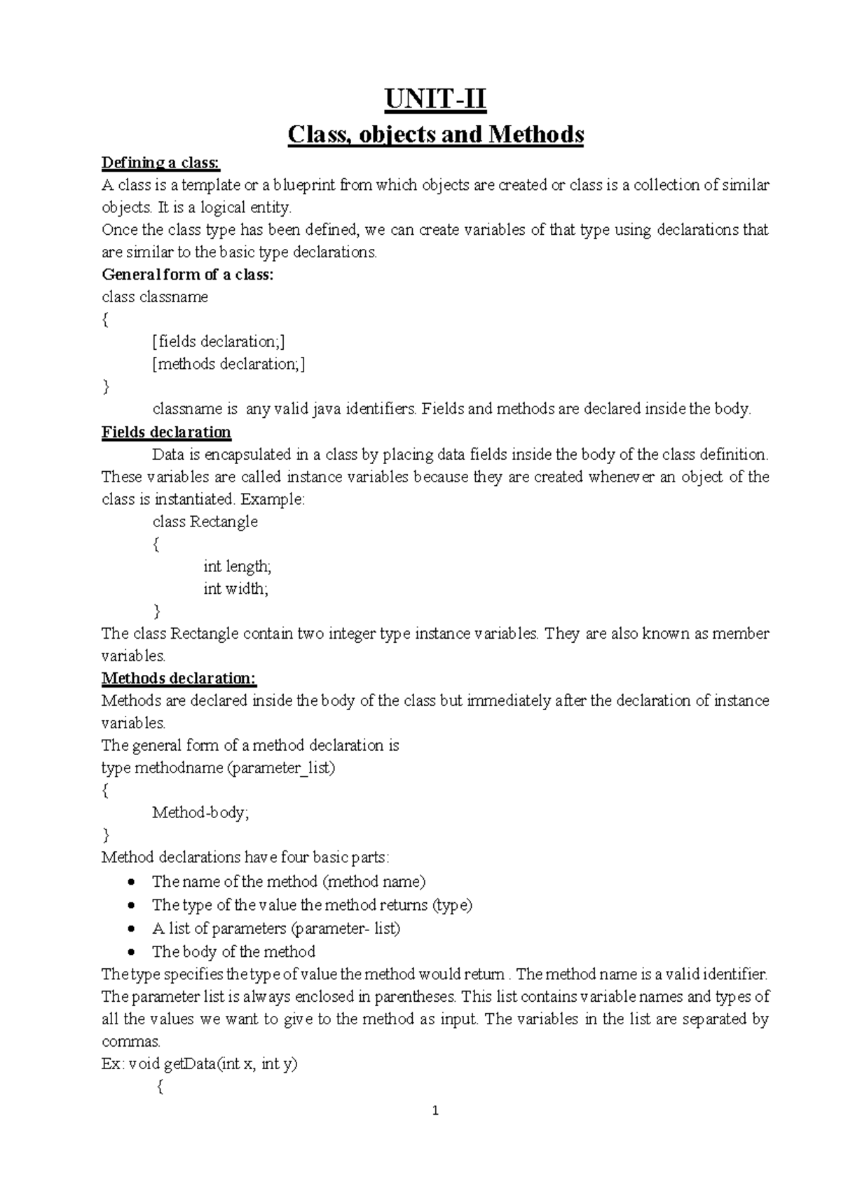 UNIT-2 JAVA: Understanding Classes, Objects, and Methods - Studocu
