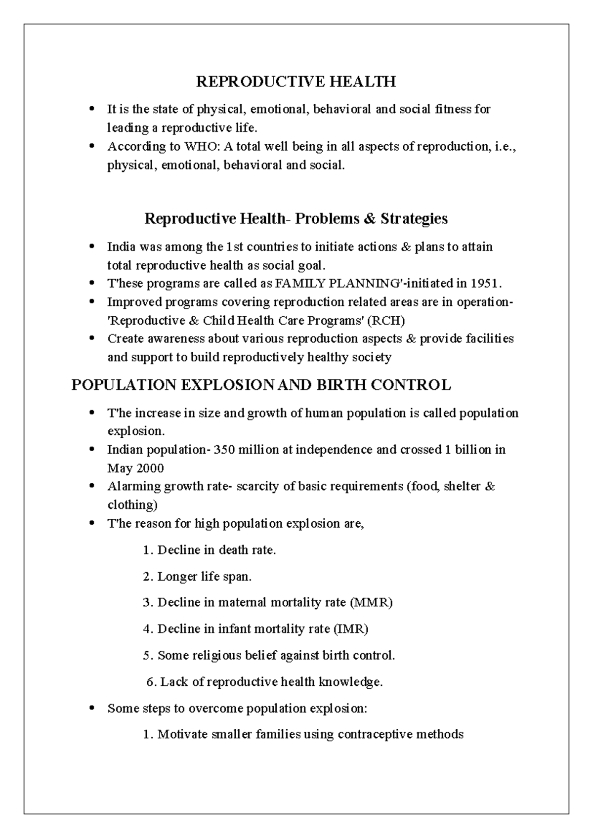 Reproductive Health Strategies and Contraceptive Methods in India - Studocu