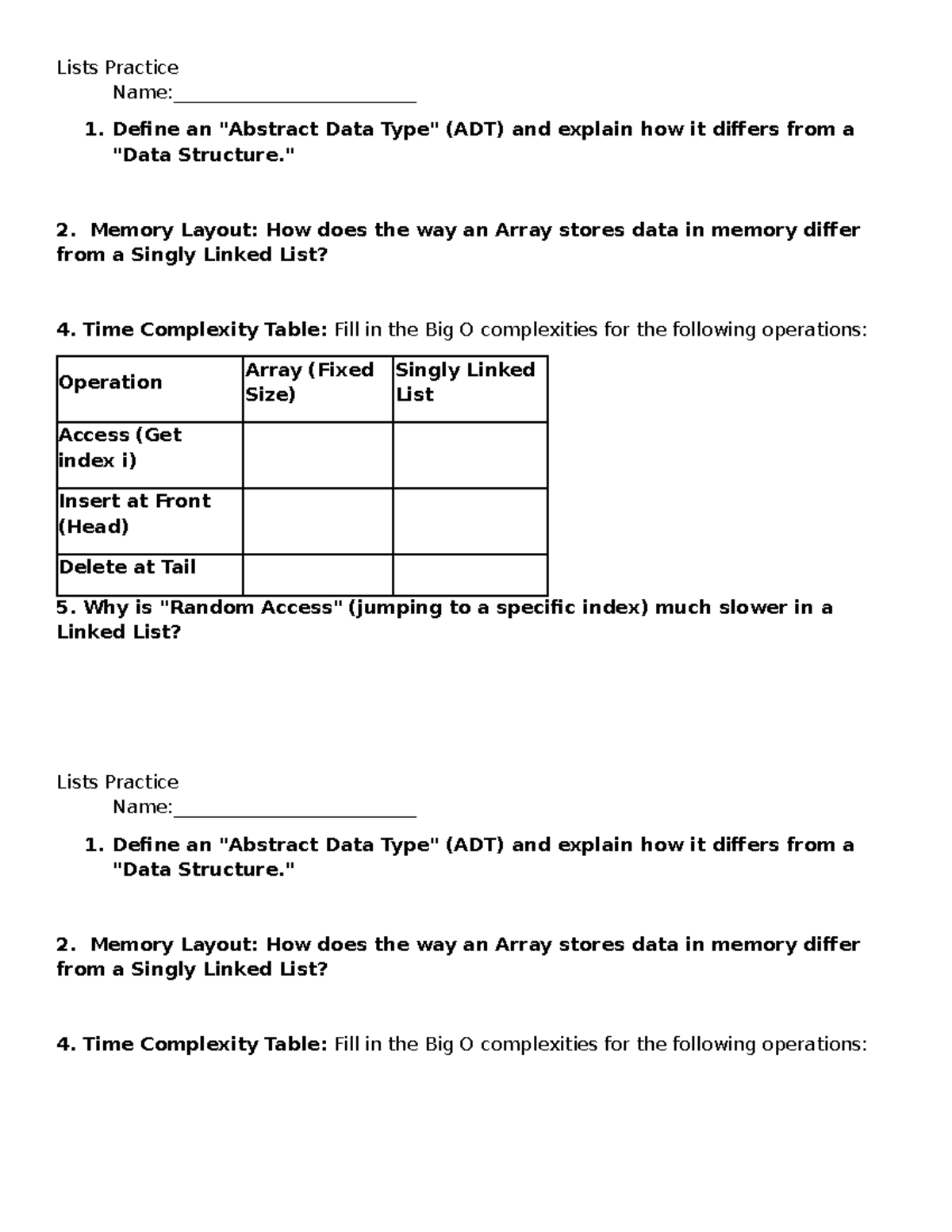 Lists Practice Key: ADTs, Memory Layout, and Time Complexity Analysis ...