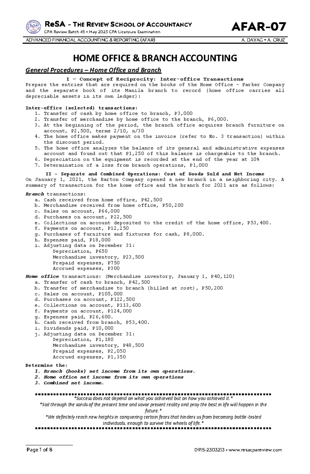 AFAR-07 Final Exam Notes on Home Office & Branch Accounting - Studocu