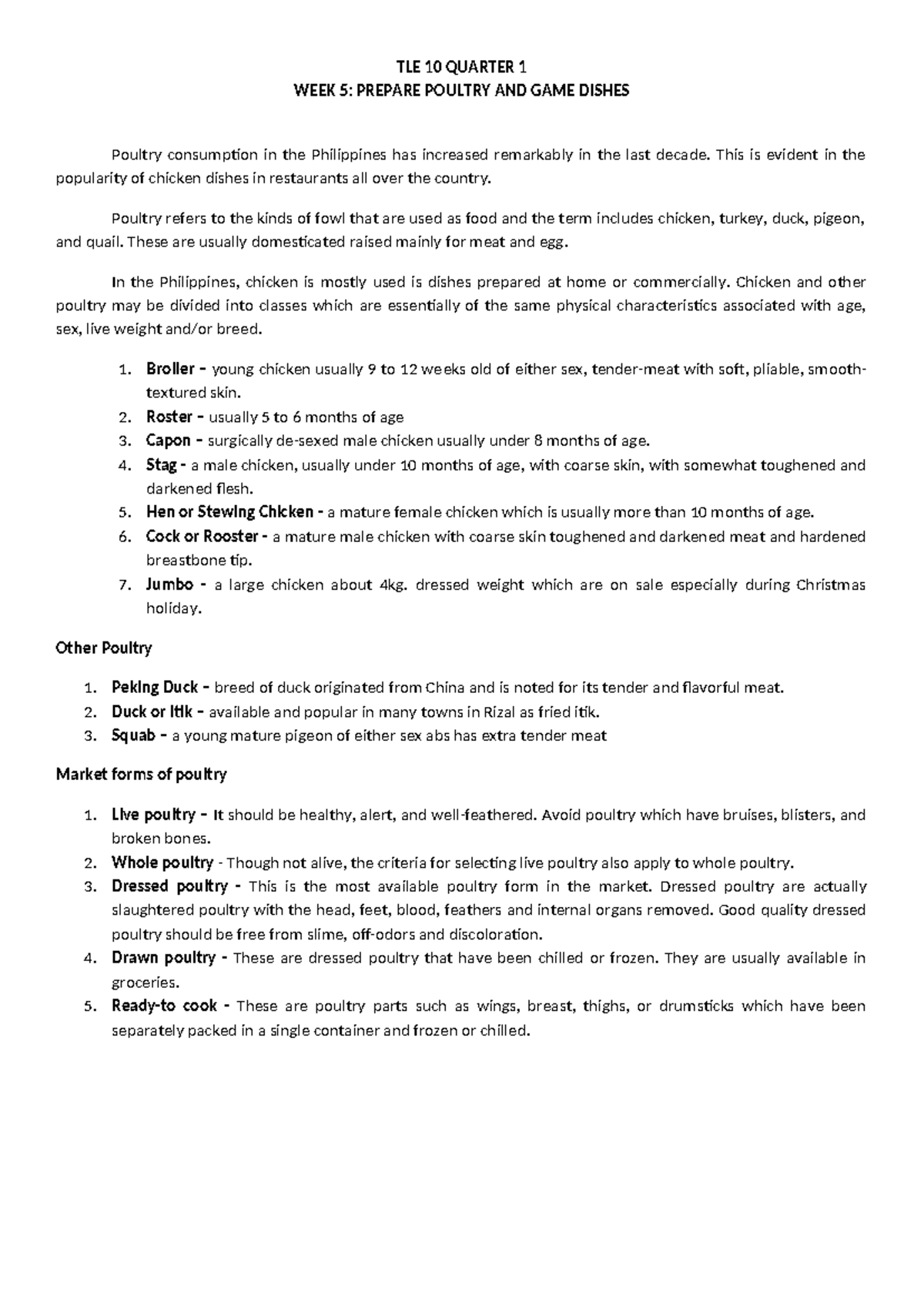 Sinhs Cookery 10 Q1 WEEK 4 - TLE 10 QUARTER 1 WEEK 5: PREPARE POULTRY ...