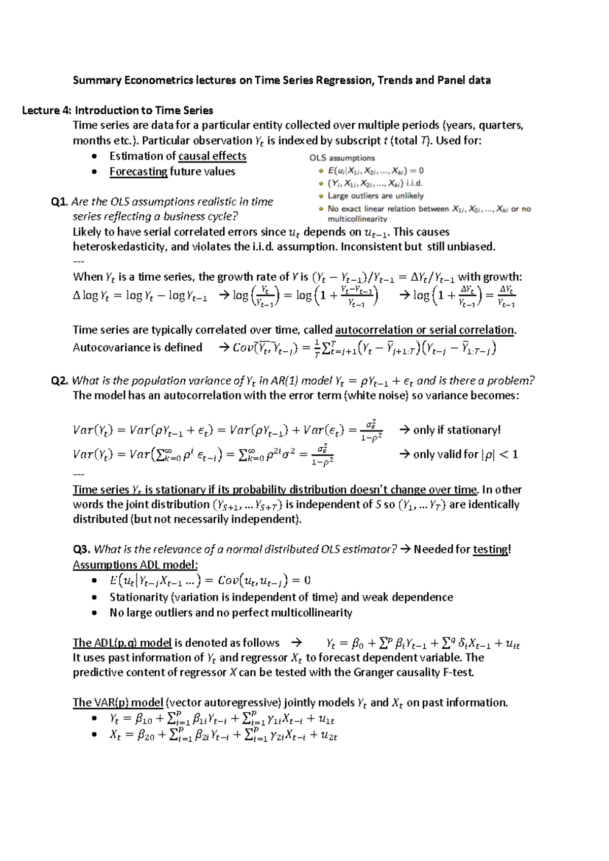 Applied Econometrics (Econometrics I) Time Series Lecture Notes ...