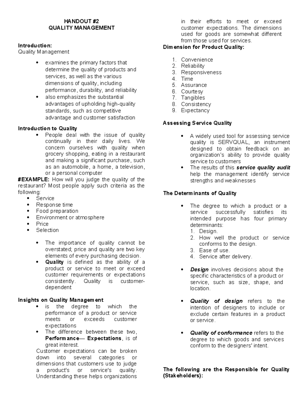 Quality Management Insights: Key Factors and Tools for Success - Studocu