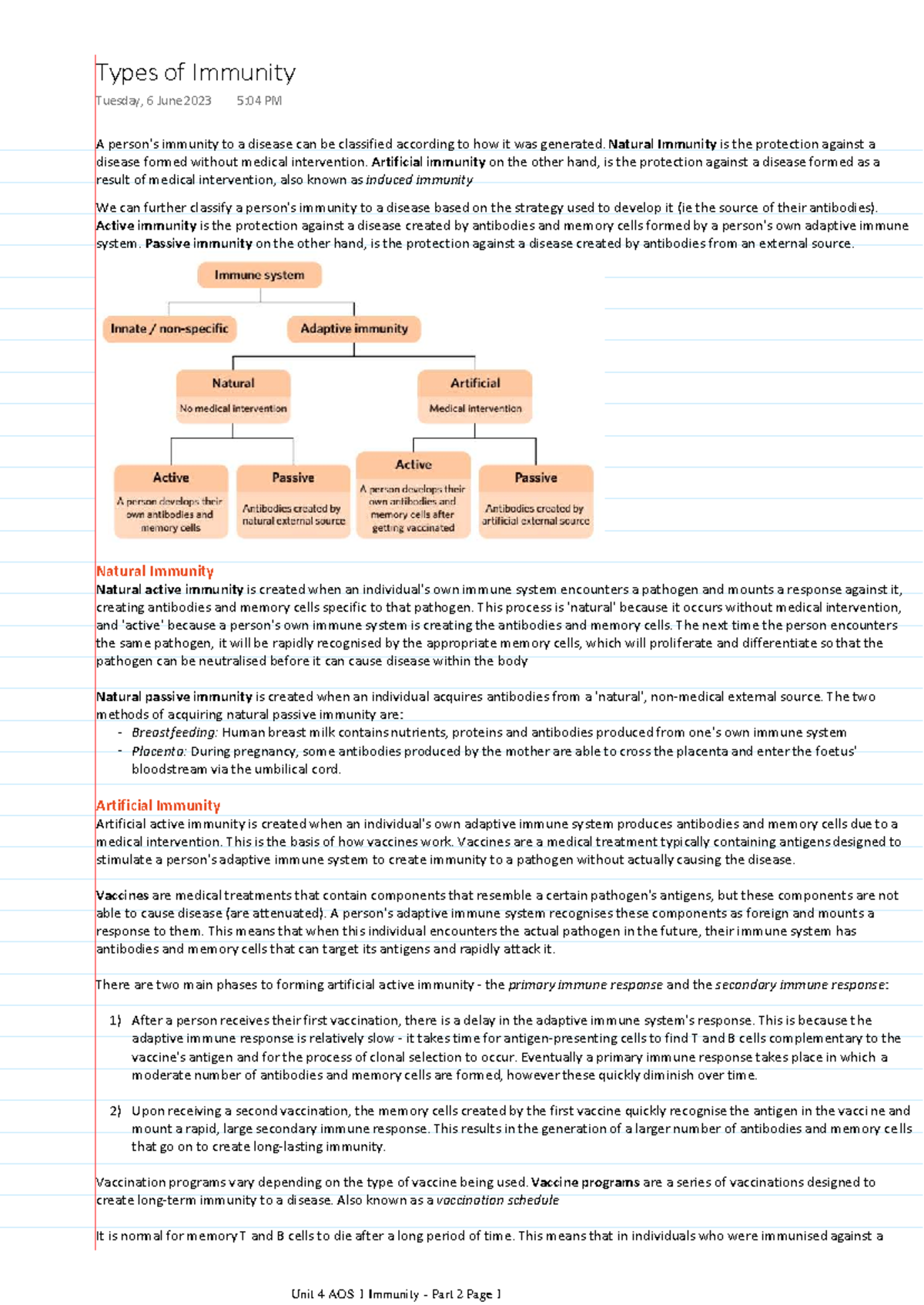 Unit 4 AOS 1 Immunity - Types and Mechanisms of Immunity - Studocu