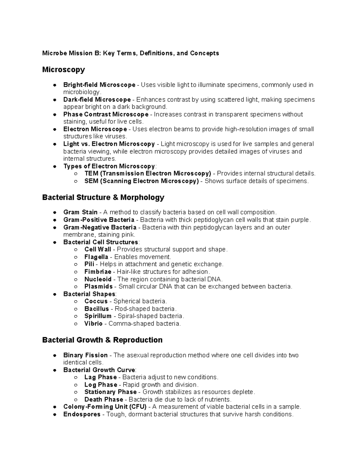 Microbe Mission B: Key Terms, Definitions, and Concepts Overview - Studocu