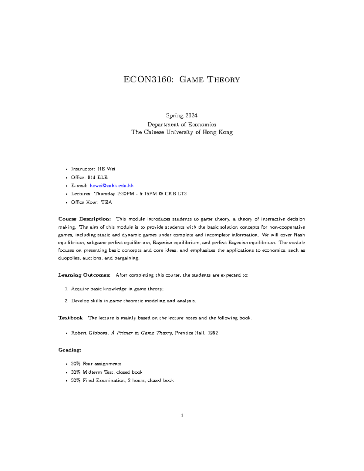 Econ3160 Syllabus & Course Summary for Introductory Game Theory - Studocu