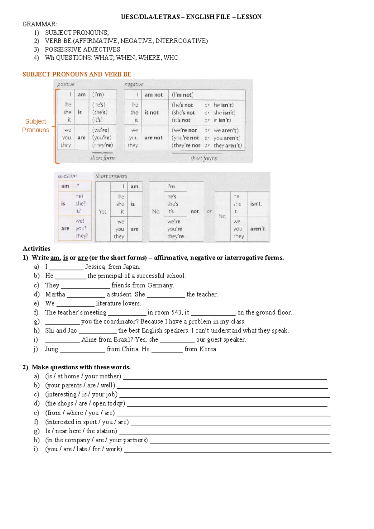1C - English Grammar: Subject Pronouns & Activities Lesson - Studocu