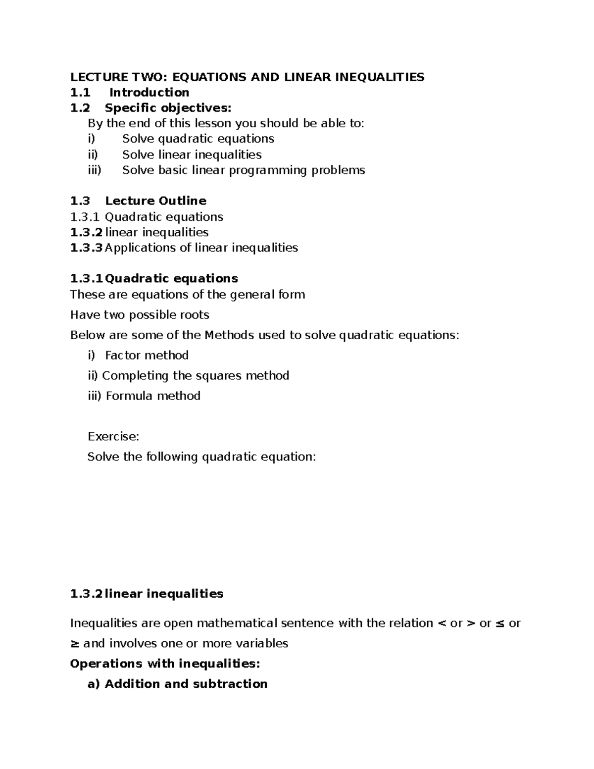 Lecture TWO - Equations & Linear Inequalities Overview - Studocu