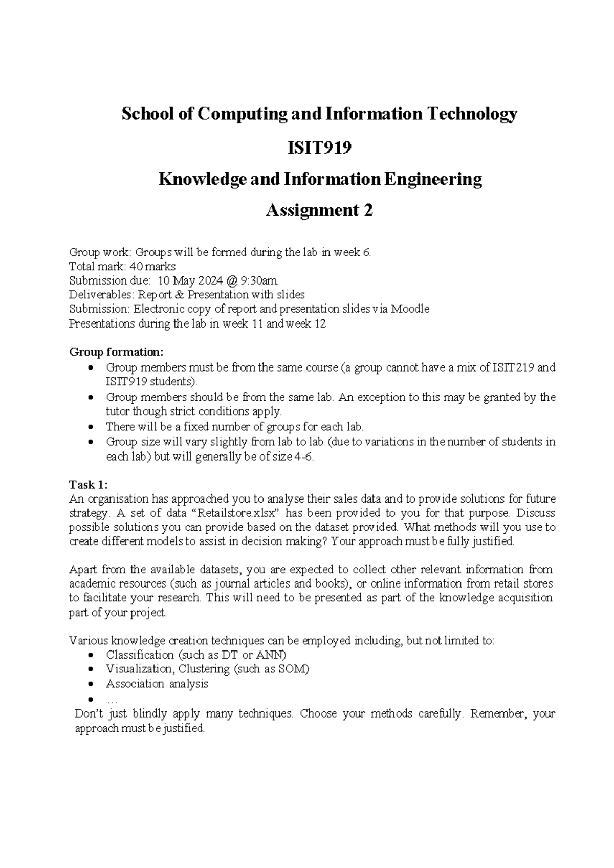 ISIT919 Assignment 2: Knowledge & Information Engineering Tasks - Studocu