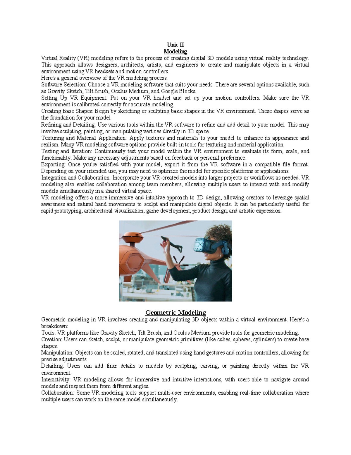 Unit II: VR Modeling, Kinematics, and Transformation Invariants - Document Preview