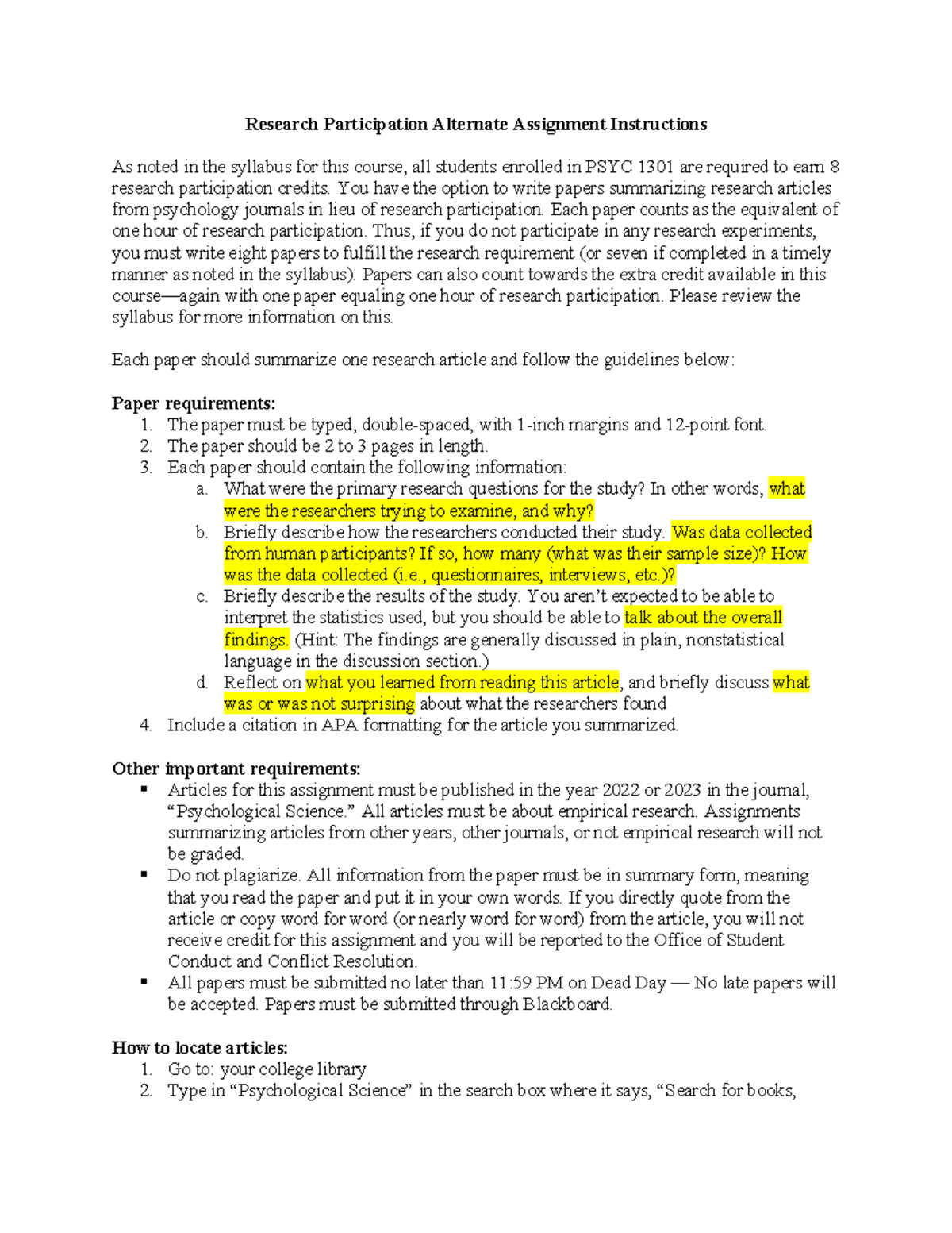 Research Participation Alternate Assignment Instructions - You have the ...