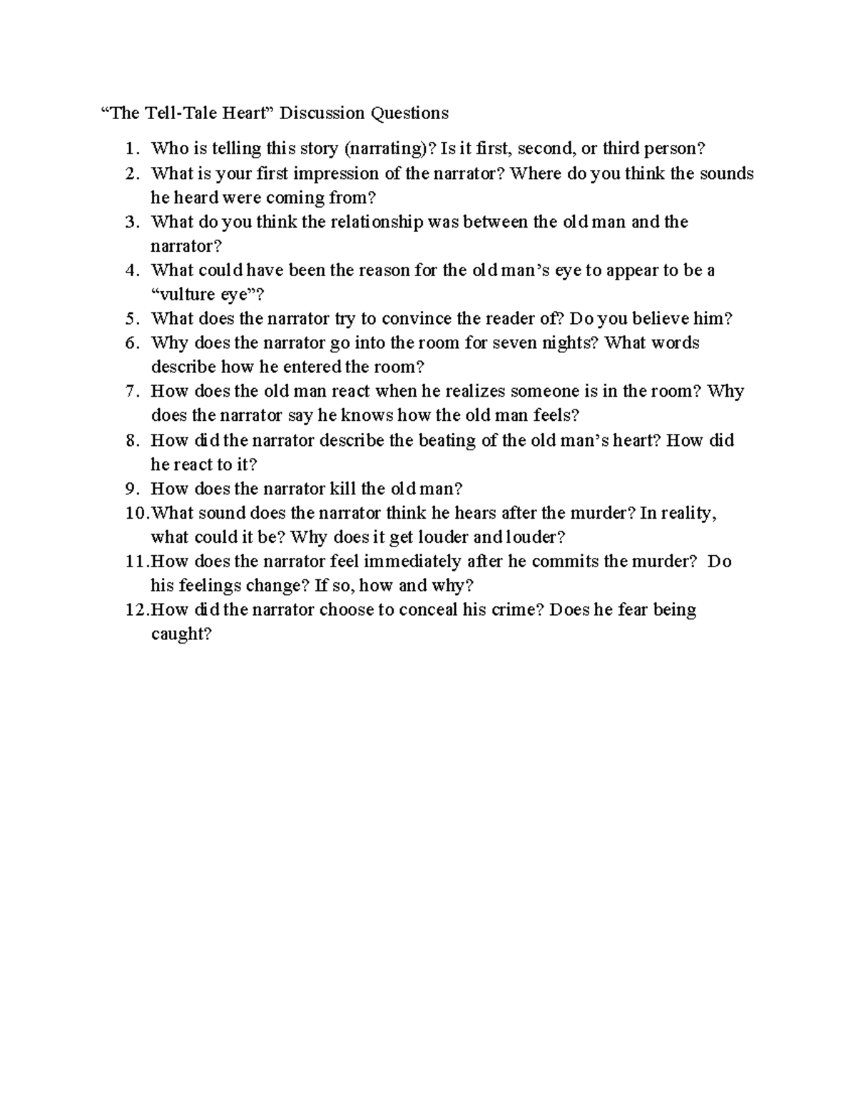 ENG 101: Tell-Tale Heart Discussion Questions Analysis - Studocu