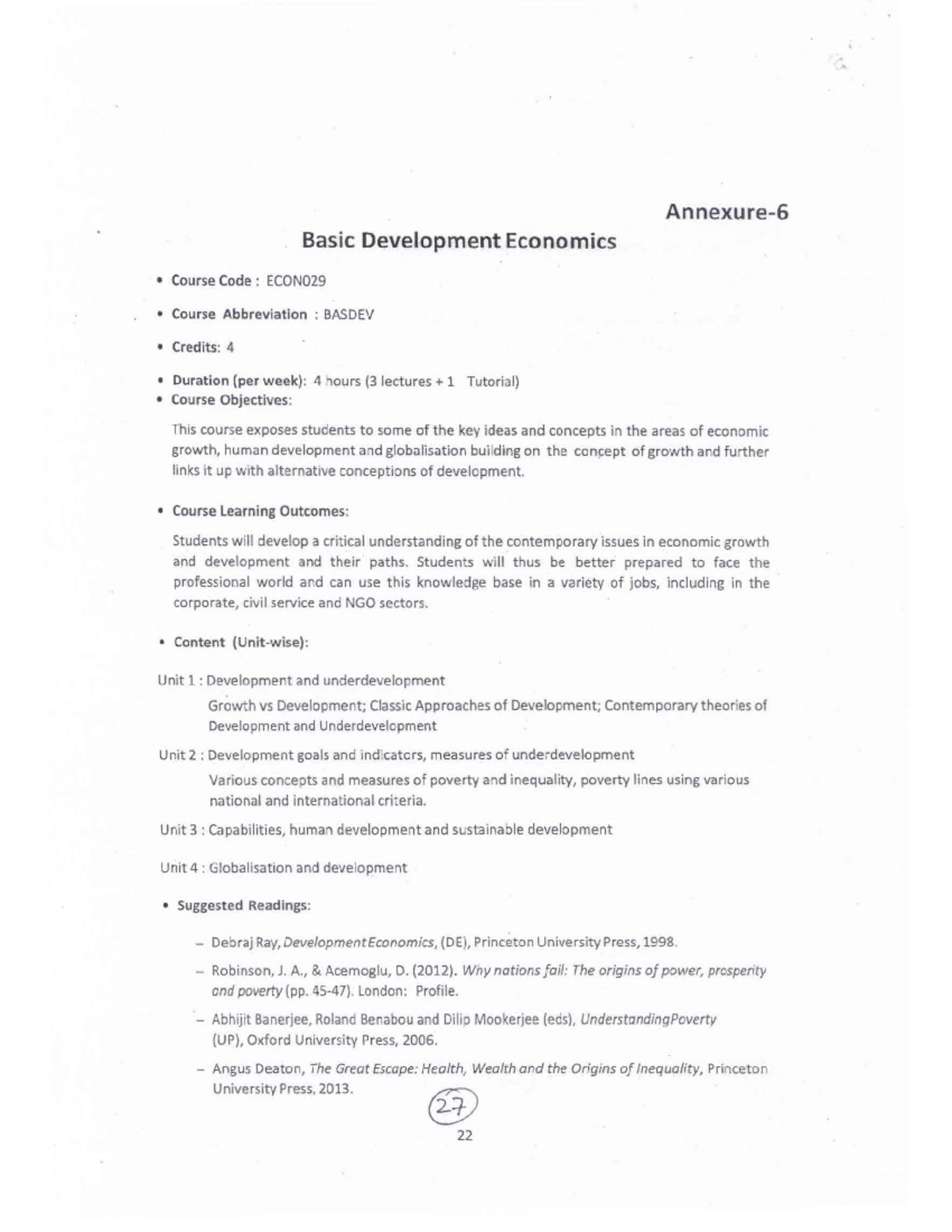 Basic Development Economics GE offered by BA Hons Economics - Basic ...