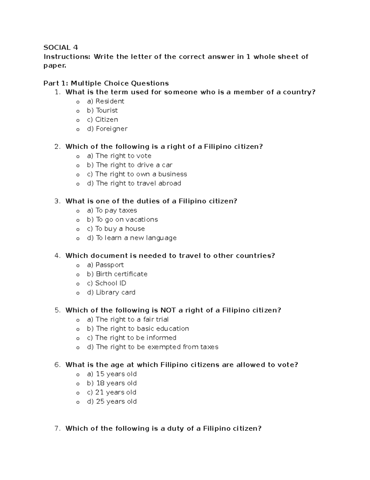 Social 4 SUB Activity - SOCIAL 4 Instructions: Write the letter of the ...