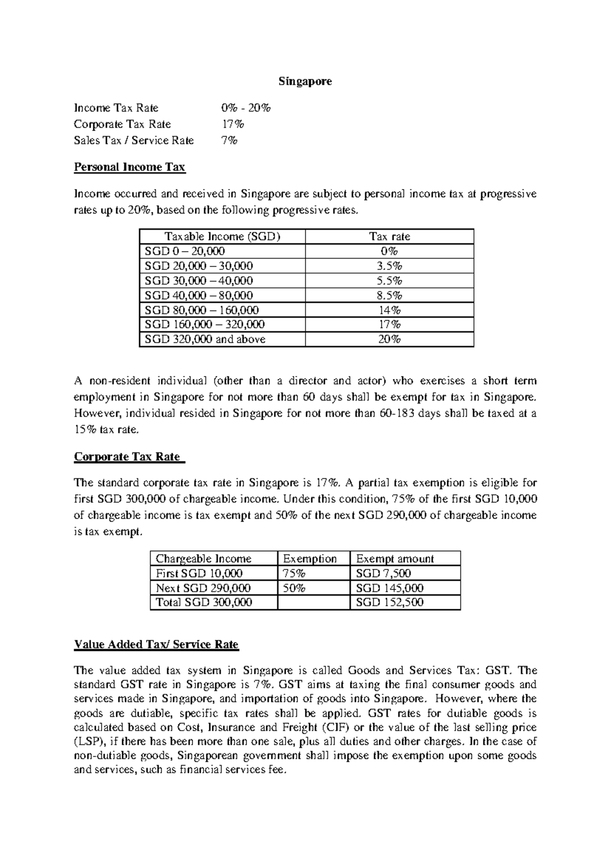 Asean Tax-Singapore - Lecture Notes on Tax Rates & Incentives - Studocu