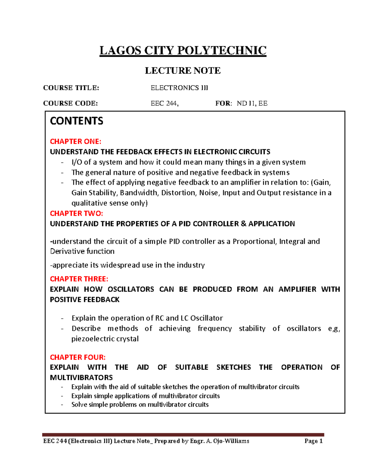 Electronics Lecture Notes for EEC 244: Feedback, PID Controllers, and ...