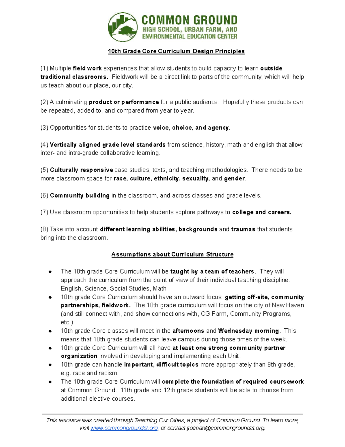 10th Grade Core Curriculum Design Principles & Strategies for ...