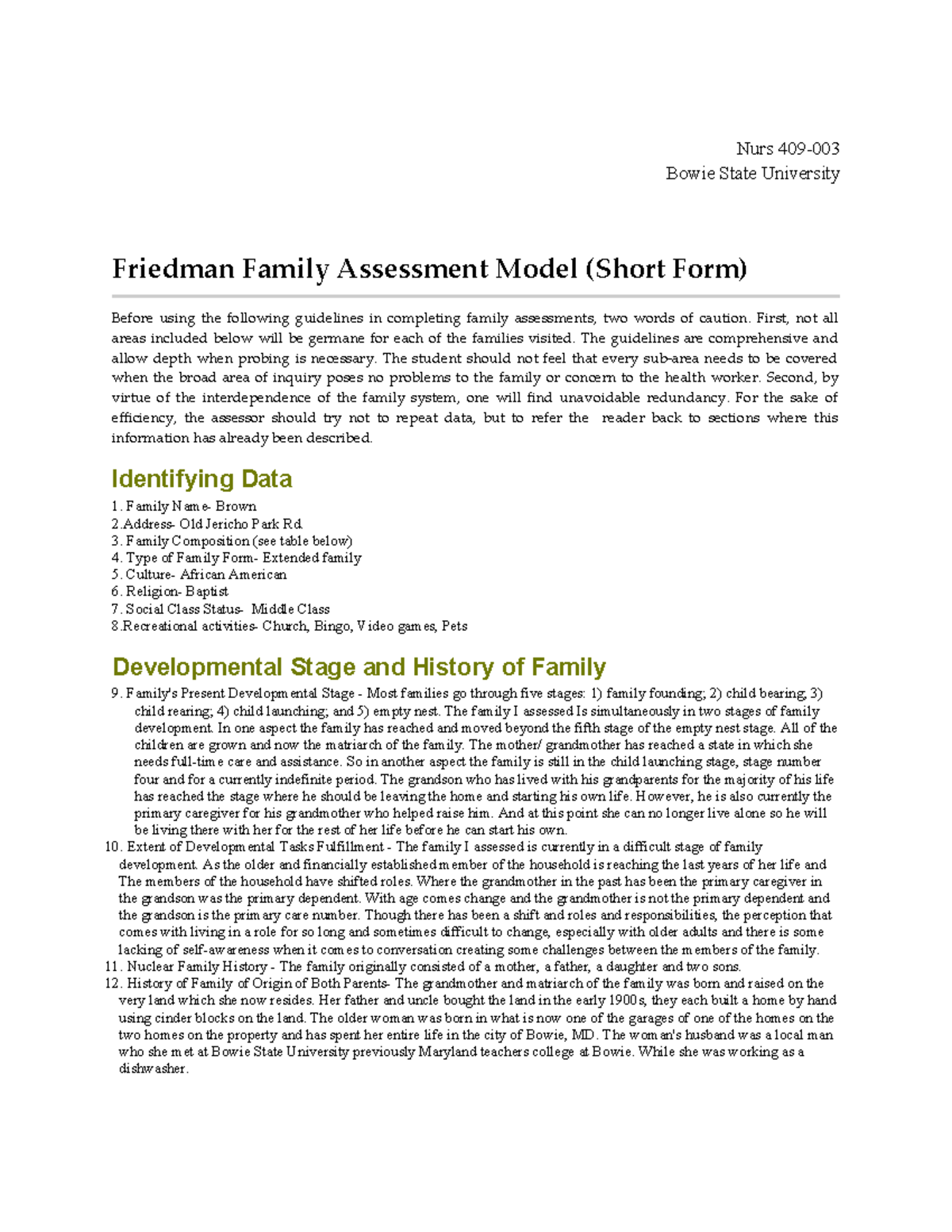 Nurs 409 Final Assessment of Friedman Family Dynamics and Needs - Studocu