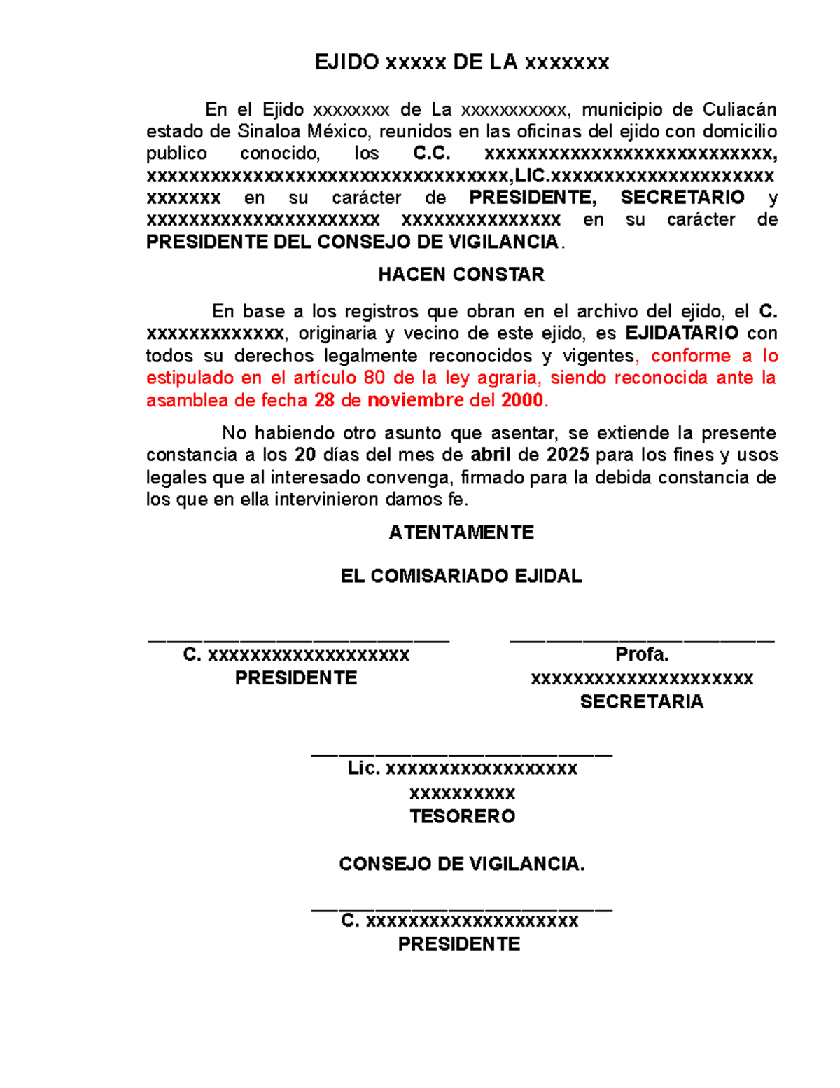 Constancia de Ejidatario - Ejido xxxxxxxx, Culiacán, Sinaloa - Document Preview