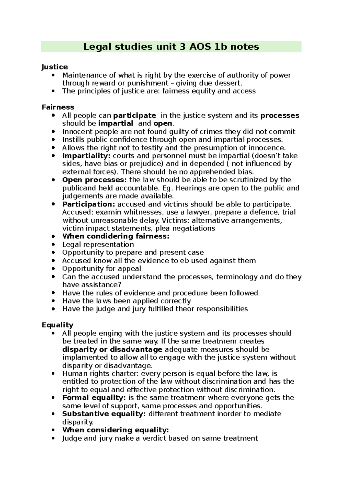 Legal Studies Unit 3 AOS 1B Notes: Justice Principles & Access - Studocu