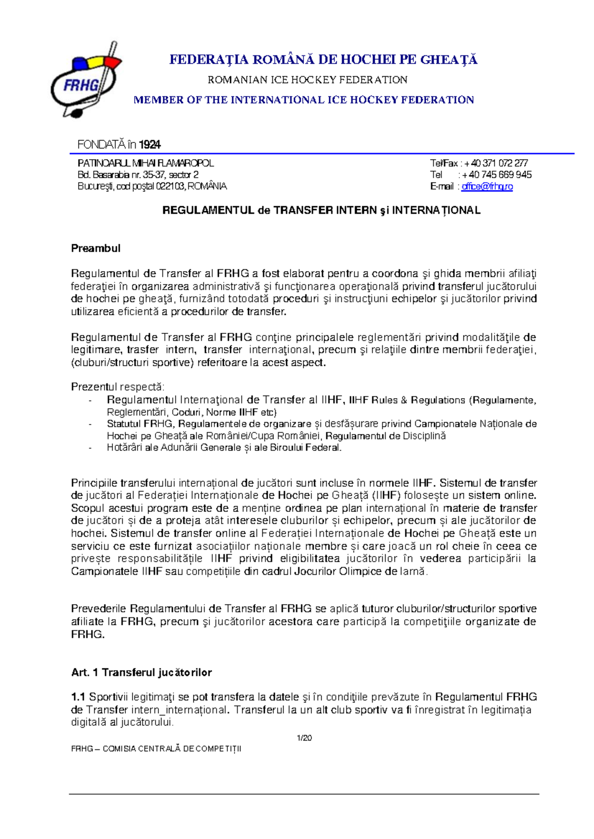 Regulament de Transfer Intern și Internațional FRHG 2024 - Studocu