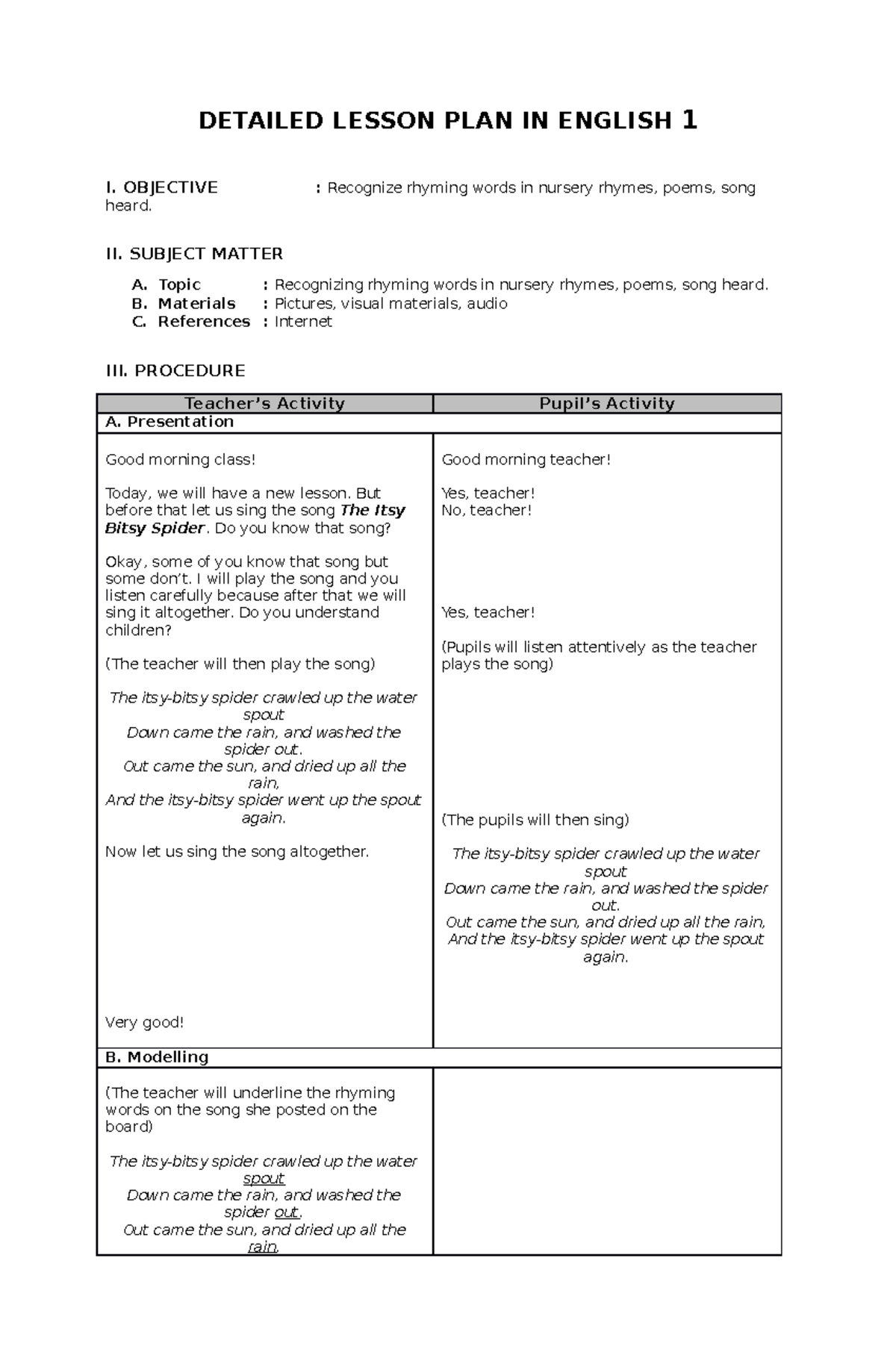 Detailed Lesson Plan - DETAILED LESSON PLAN IN ENGLISH 1 I. OBJECTIVE ...