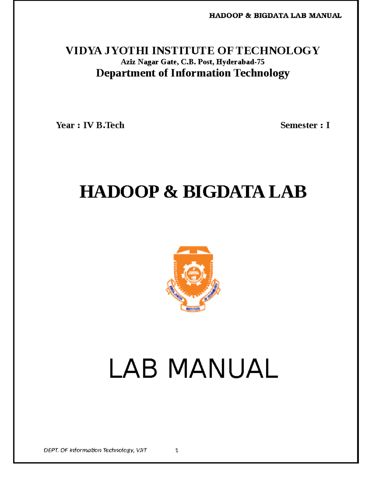 Hadoop & Big Data Lab Manual - Practical File Questions (IT - IV B.Tech ...