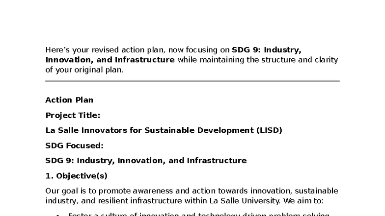 Revised Action Plan for SDG 9: La Salle Innovators for Sustainable ...