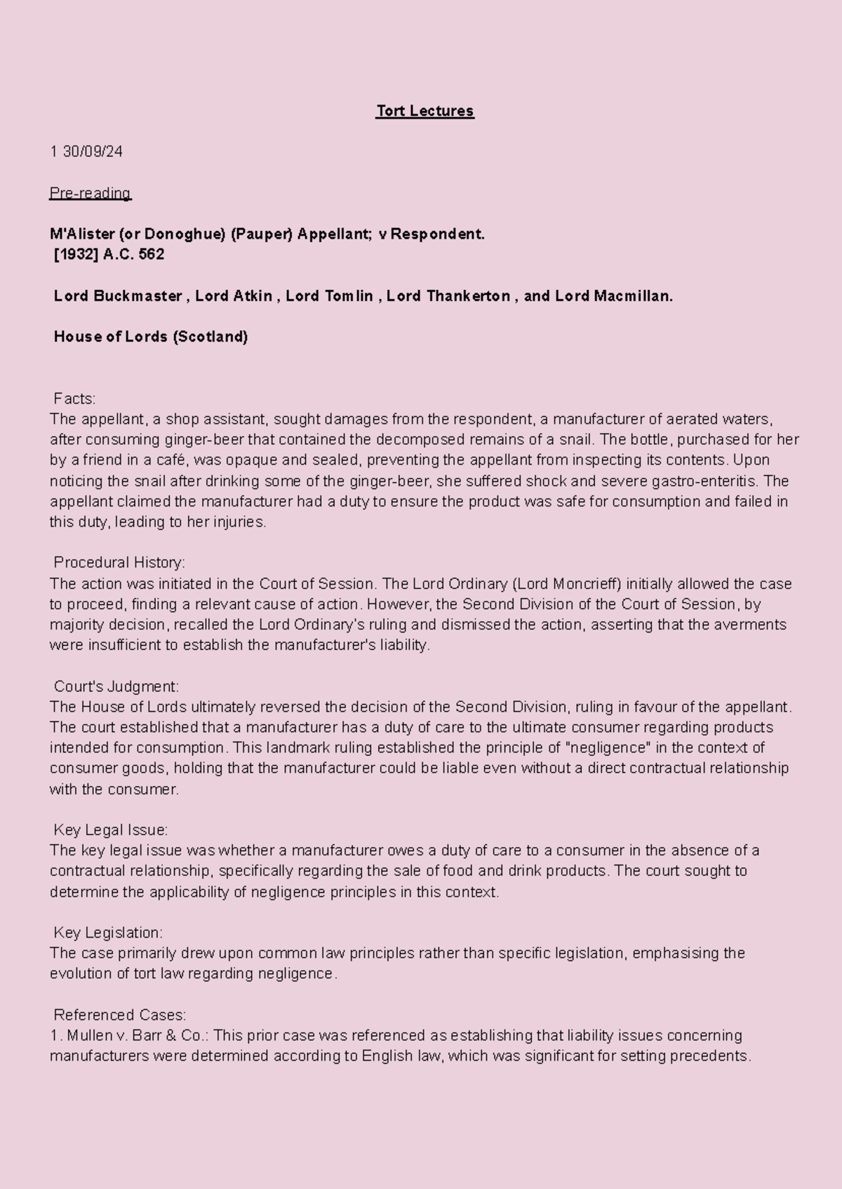 Tort Law Lecture 1: Donoghue v. Stevenson Case Analysis - Studocu