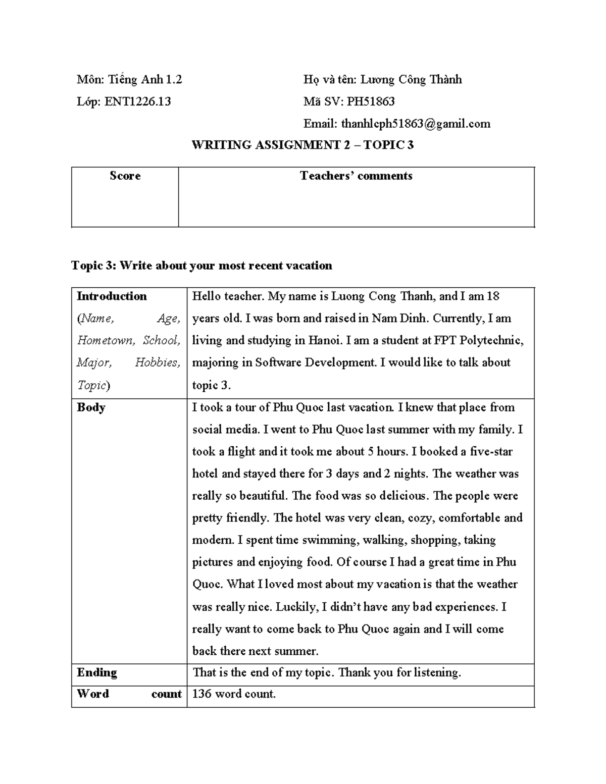 Tiếng Anh 1.2 Writing Assignment 2: Topic 3 - Vacation Experience - Studocu