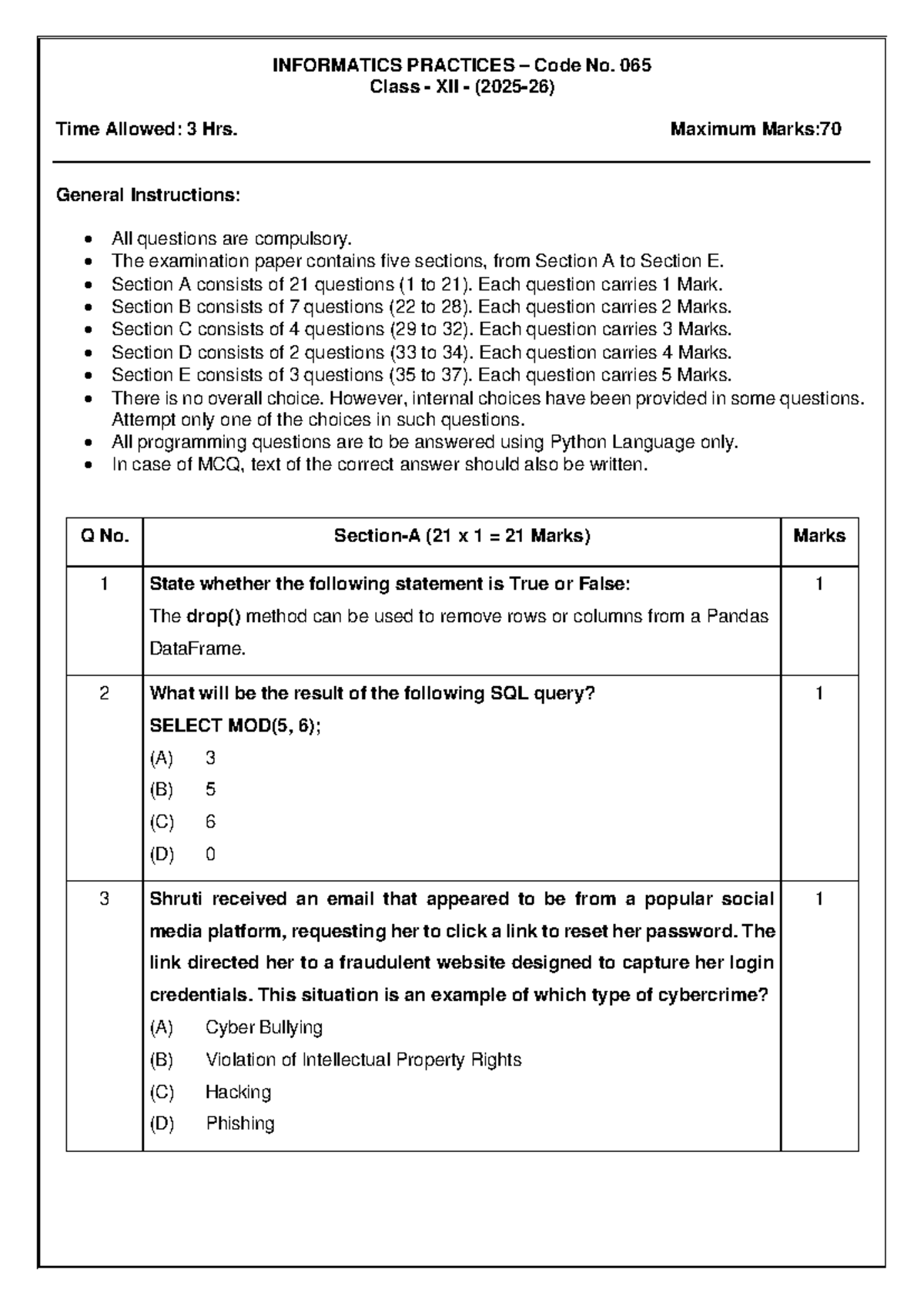 Informatics Practices Code No. 065 Class XII - SQP Exam Paper - Studocu