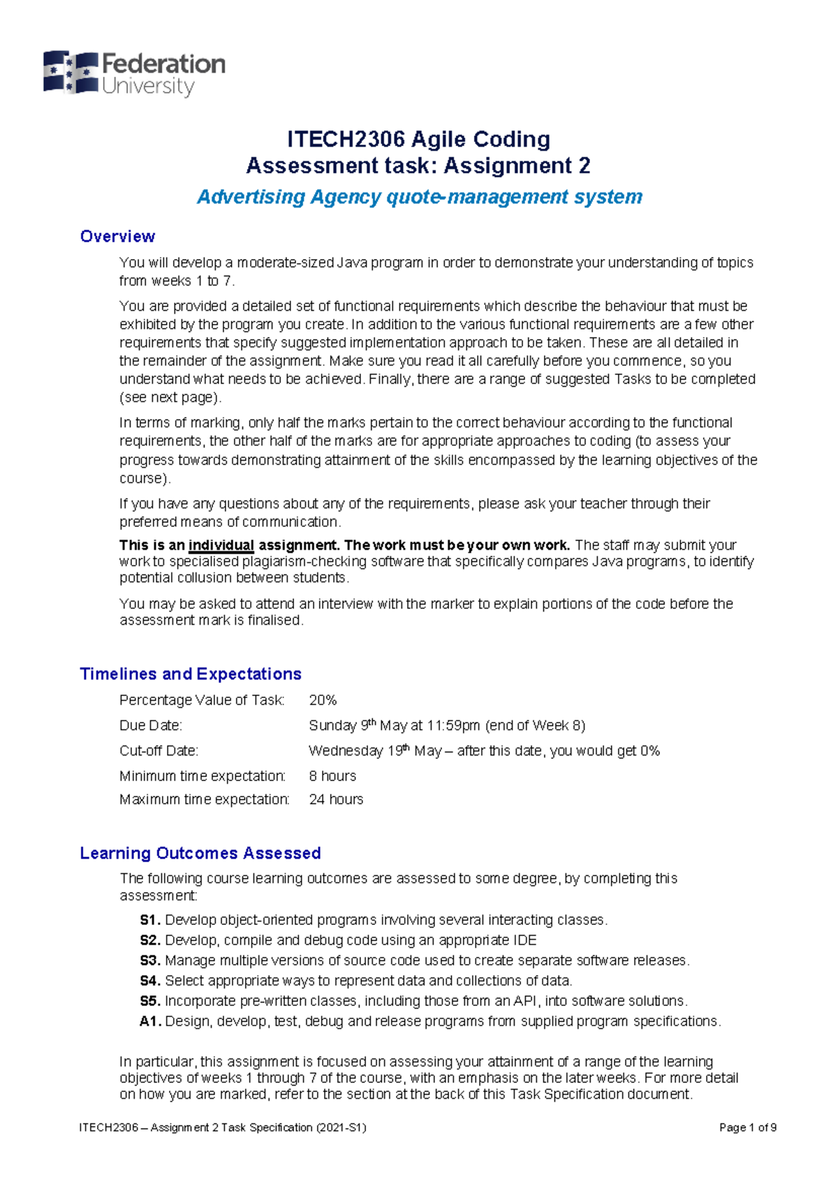 ITECH2306-Assignment 2-Task - ITECH2306 Agile Coding Assessment task ...