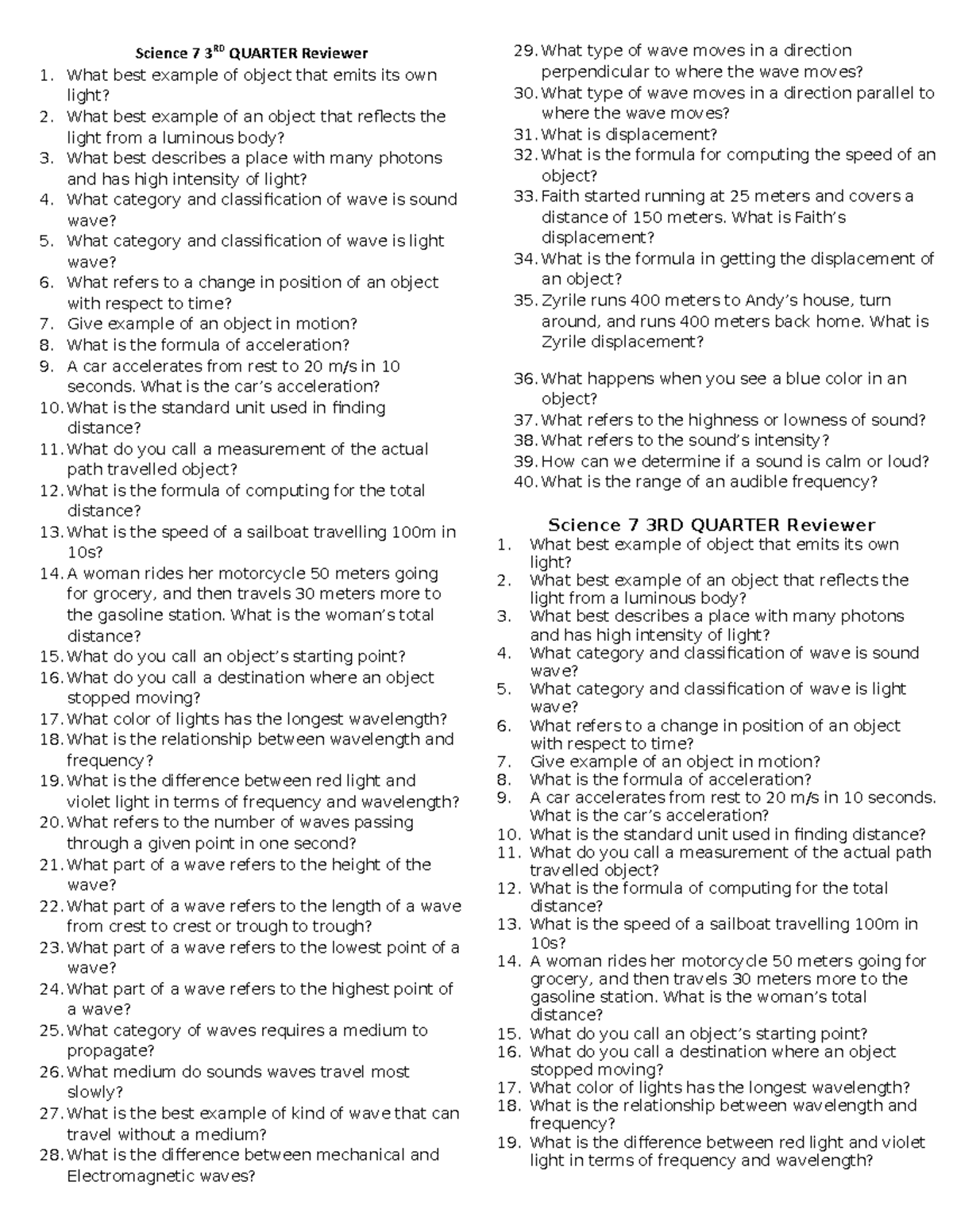 Science 7 3rd Quarter Summative Test Reviewer - Studocu