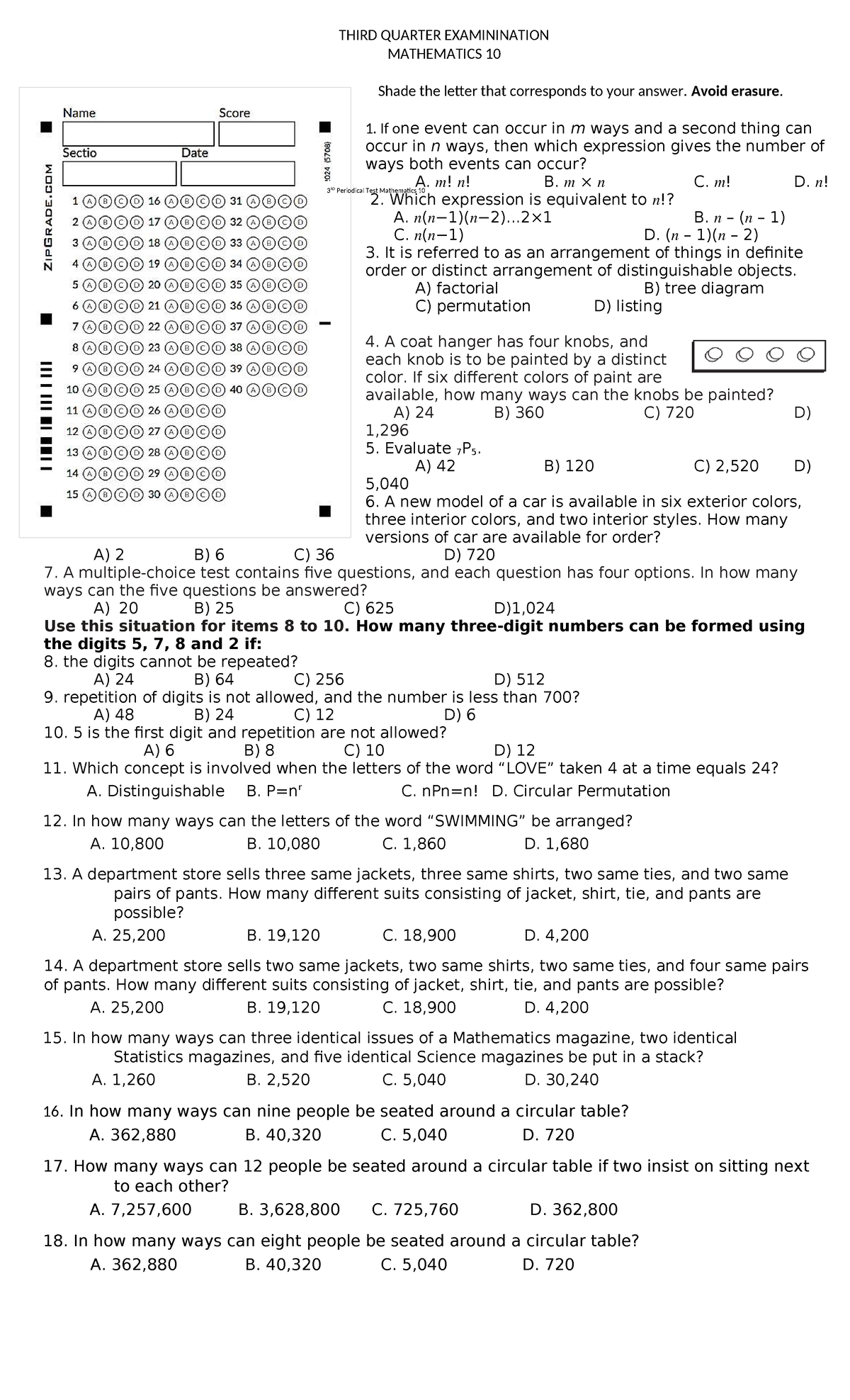 3rd Quarter Exam Mathematics 10: Comprehensive Review and Practice ...