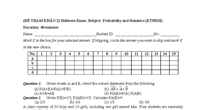 Midterm Exam KT052H: Probability and Statistics Practice Questions ...