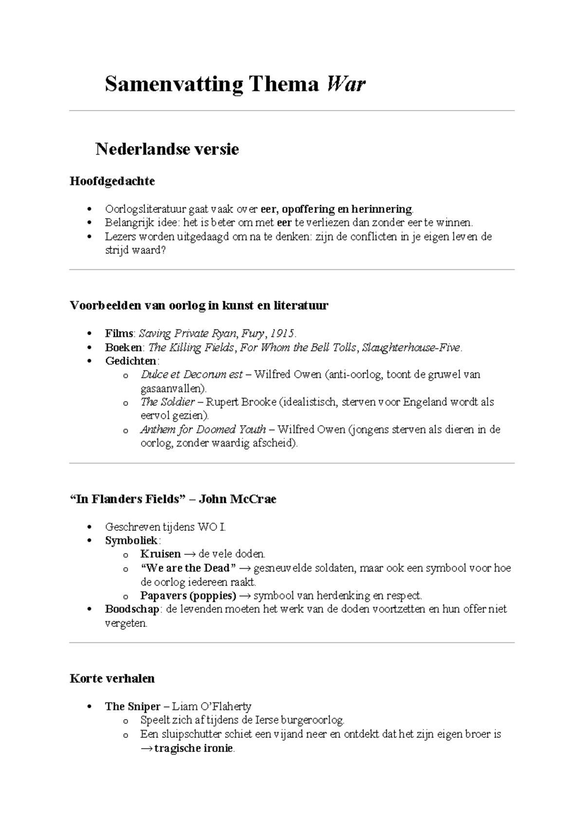Samenvatting Literatuurthema Oorlog: Eer, Opoffering en Herinnering ...