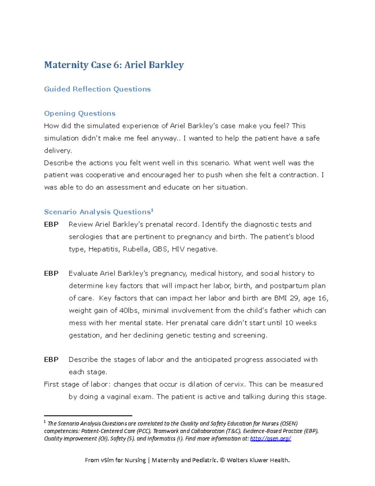 Maternity Case Study 6: Guided Reflection On Ariel Barkley’s Vsim - Studocu