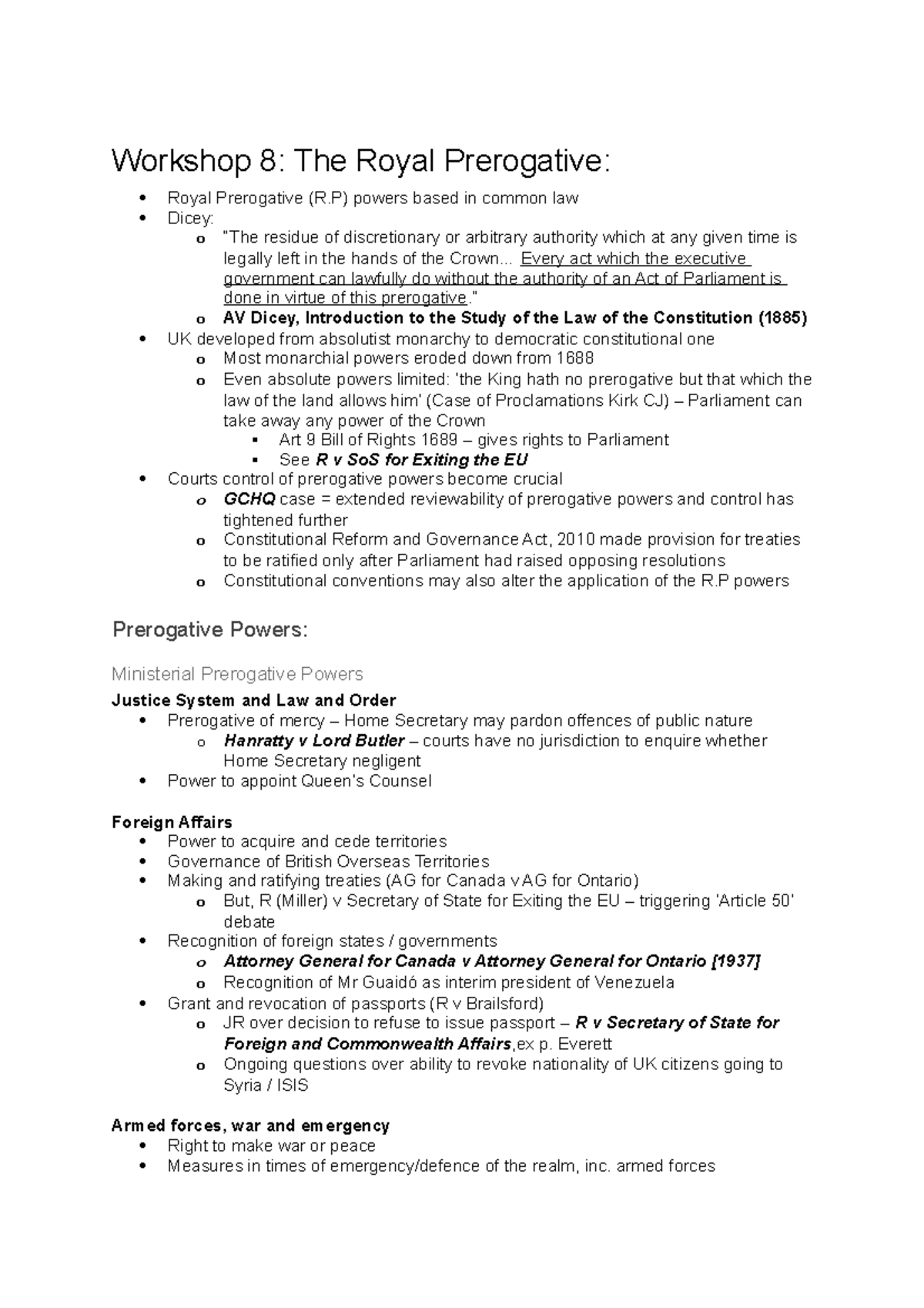 Public 1 - Workshop 8: Understanding the Royal Prerogative Powers - Studocu