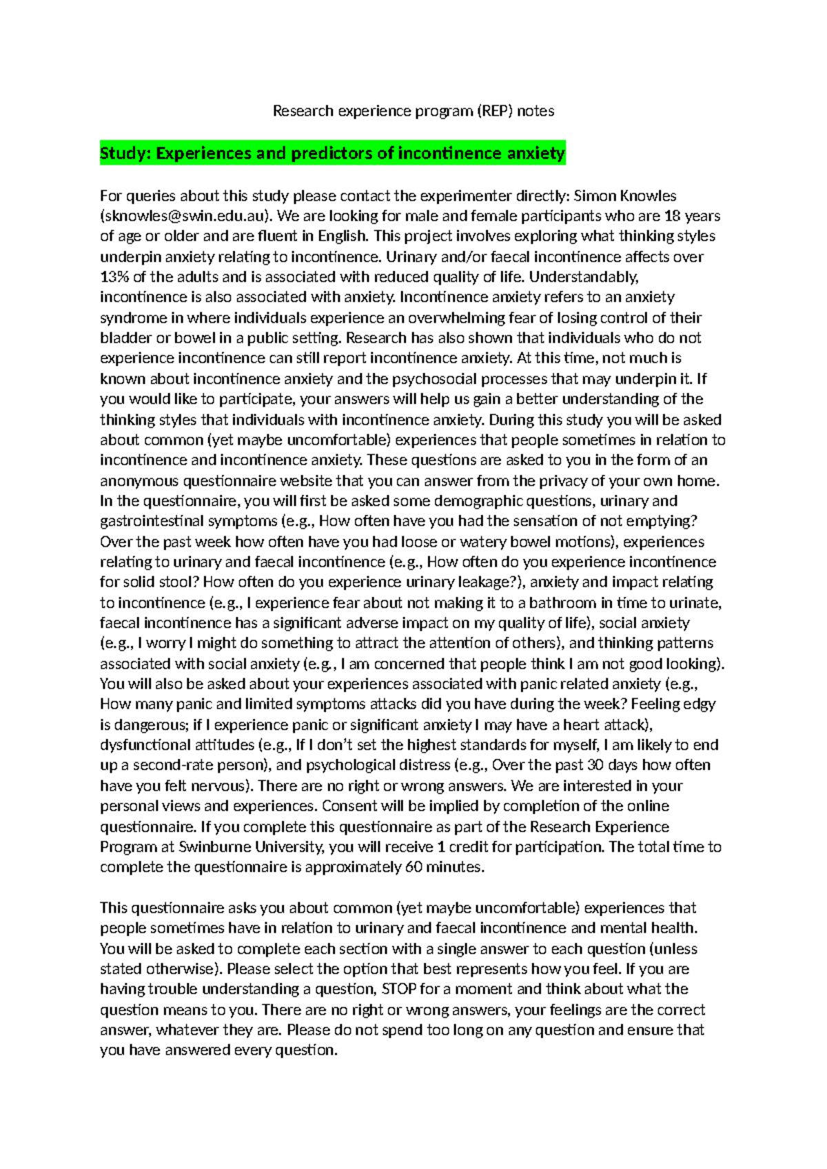 Research experience program notes - Research experience program (REP ...