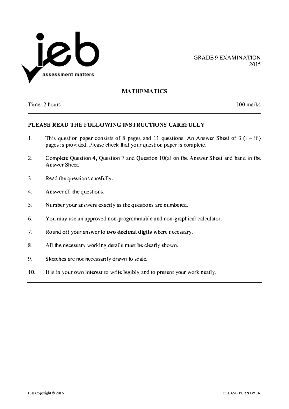 Grade 9 Mathematics Exam Paper 2015: Complete Guide and Solutions - Studocu