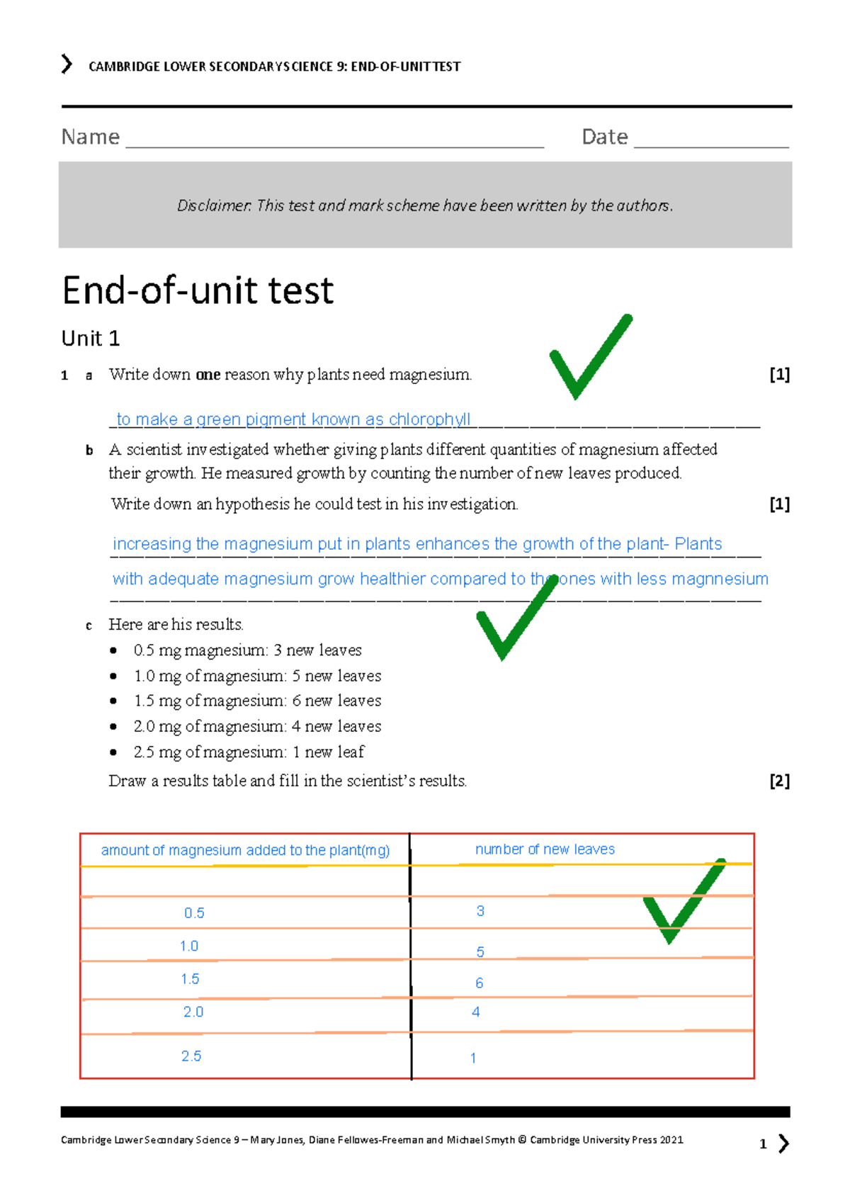 CAMBRIDGE LOWER SECONDARY SCIENCE 9: UNIT 1 TEST & MARK SCHEME - Studocu