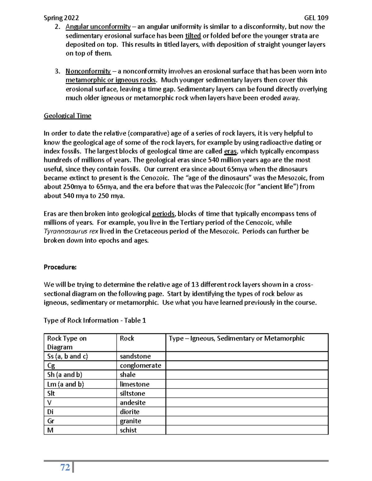 GEL 109 Spring 2022 Geological Time Lab Answer Sheet - Studocu