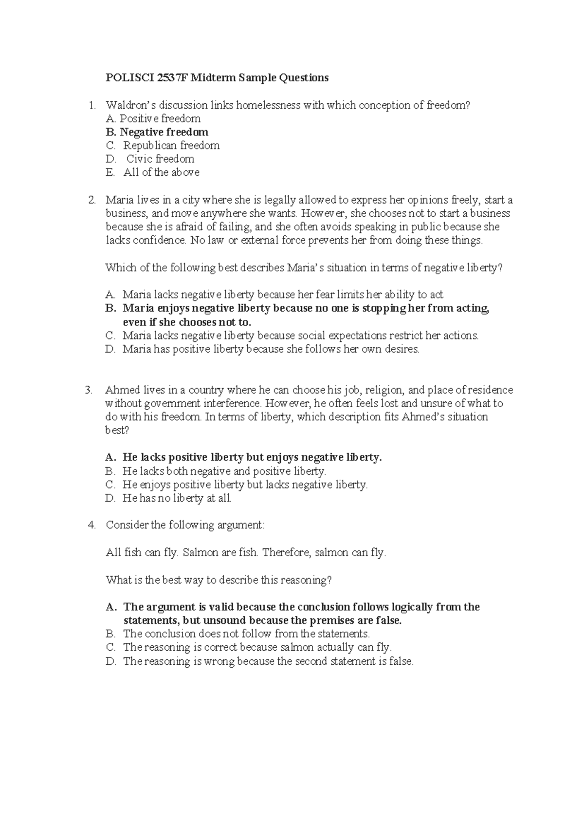 POLISCI 2537F Midterm Exam Sample Questions on Freedom Concepts - Studocu