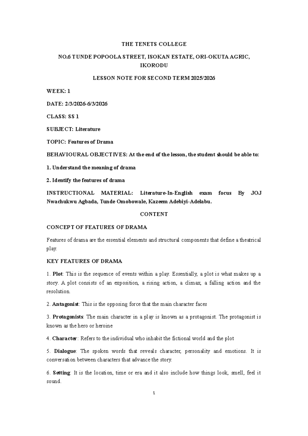 SS1 Literature Lesson Notes: Features of Drama & African Poetry - Studocu