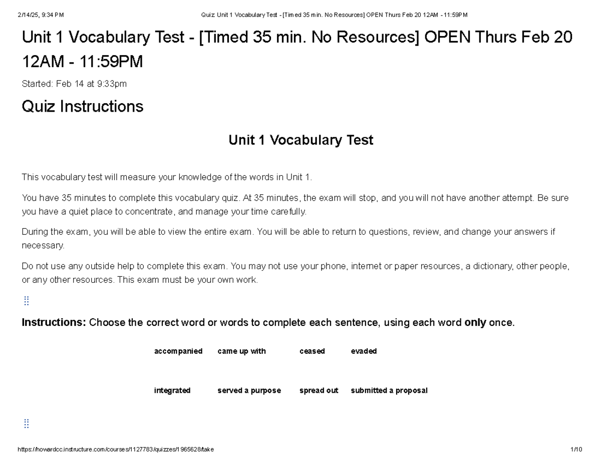 Quiz Unit 1 Vocabulary Test - [Timed 35 min. No Resources] OPEN Thurs ...