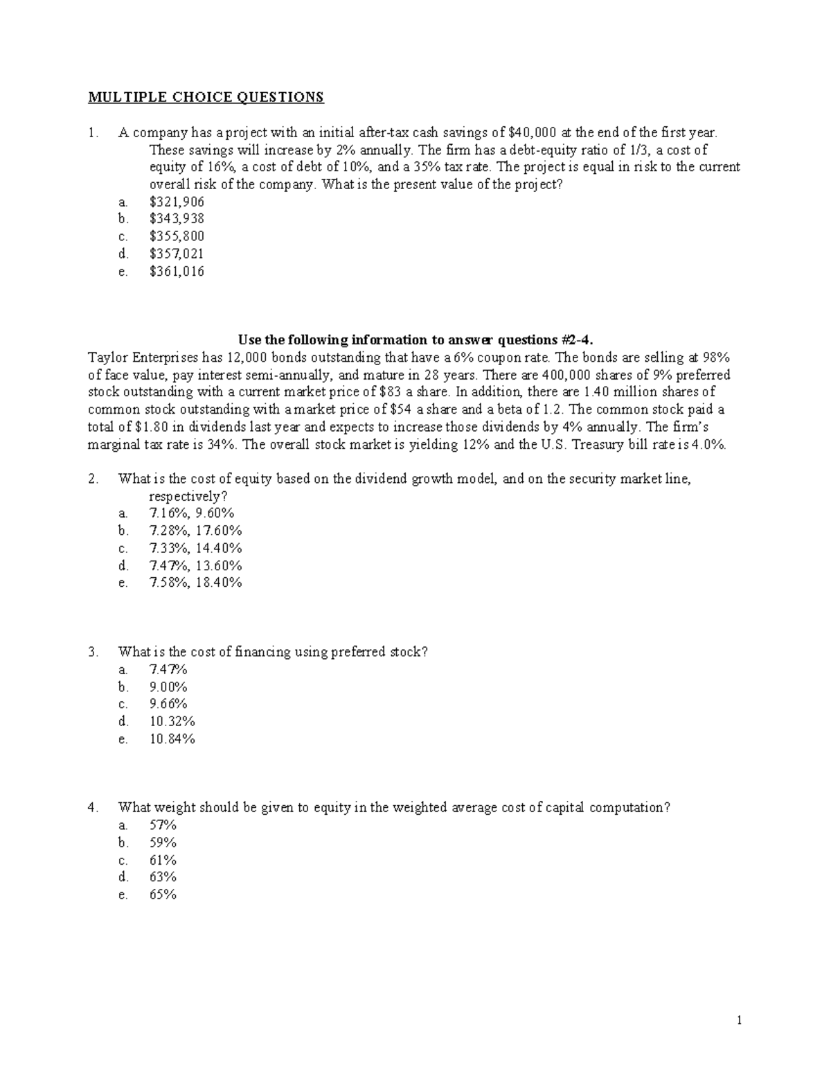 Practice Questions for Final Exam - FIN 301 - Studocu